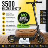 S500 electric scooter with features highlighted on a wooden floor.