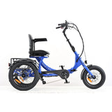 Blue tricycle with a seat on a white background
