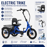 Blue electric trike with features highlighted on a white background