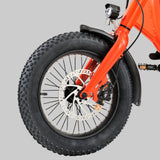 Close-up of a bright orange electric bicycle wheel with a knobby black tire,  20x4 and large silver disc brake, and black fender 