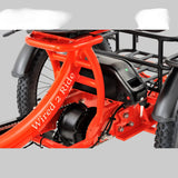 Close-up of a bright orange electric cargo tricycle frame with black tires 20x4 , a black battery pack 20Ah samsung, and white 'Wired 2 Ride' branding on the frame.