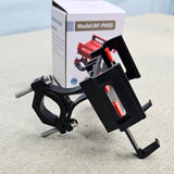 Black clamp holder with red accents on a textured surface, with a box labeled 'Model: RF-PH05' in the background.