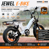 Jewel e-bike with features and Wired2Ride branding on a blurred outdoor background