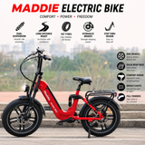 Red electric bike with features listed on a blurred outdoor background