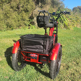 Red three-wheeled electric vehicle on grass with trees in the background