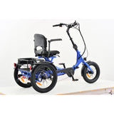 Blue electric tricycle with a seat on a white background