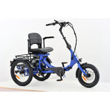 Blue electric tricycle with a seat on a white background