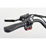 Close-up of a bicycle handlebar with control panel on a white background