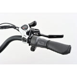 Close-up of a motorcycle handlebar with control buttons on a white background
