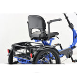Blue and black three-wheeled bike with a seat on a white background