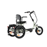 A light sage green and black three-wheeled electric tricycle with a rear passenger seat, recumbent style safe riding E Trike by wired2ride