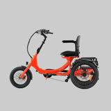An orange electric tricycle with a black seat and backrest, shown from a side profile against a clean white studio background.