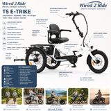 Wired 2 Ride electric tricycle with features highlighted on a white background