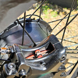 Close-up of a motorcycle wheel with suspension components